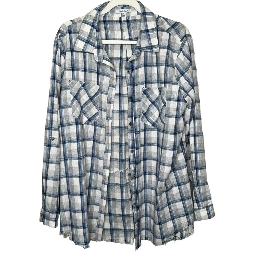 White Birch Cotton and Linen Blue and White Plaid Button Down Top Size Large